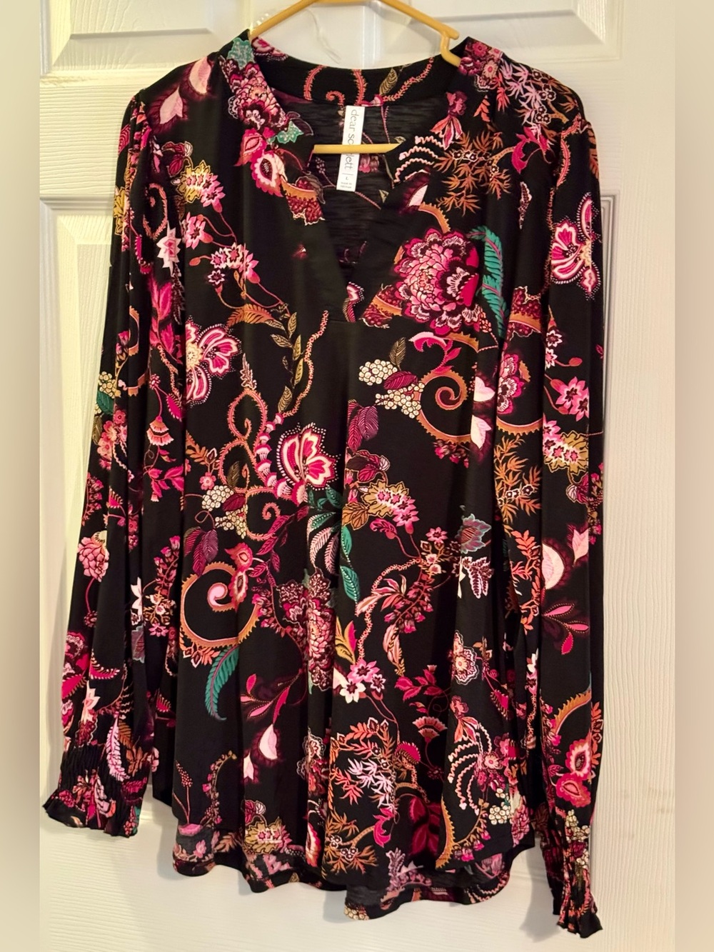 Black Floral Long-Sleeve Top with Pink Accents